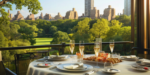 Luxurious Outdoor Dining Experience Overlooking a Lush Park and City Skyline