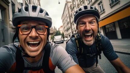 Two men cycling down urban road, suitable for sports or leisure concepts - obrazy, fototapety, plakaty