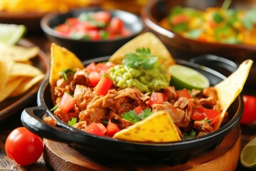 Mexican food with pork guacamole sour cream pico de gallo and cheddar cheese
