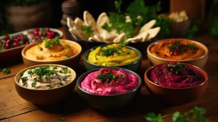 Various bowls of dips on a table, perfect for party or snack concept