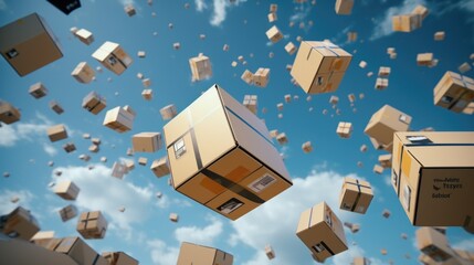 A dynamic image of boxes flying through the air. Suitable for business and transportation concepts