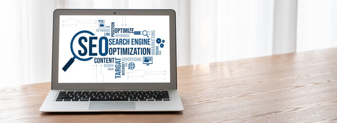SEO search engine optimization for modish e-commerce and online retail business showing on computer...