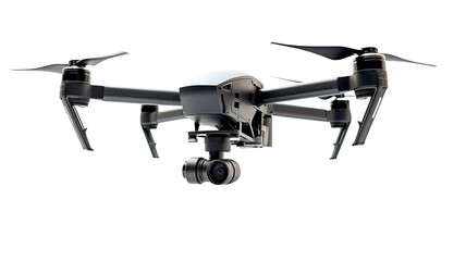 New dark flying modern grey drone quadcopter with digital camera isolated on PNG transparent or white background.
