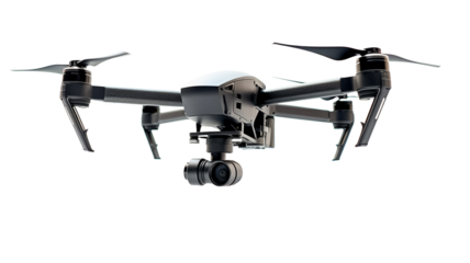 New dark flying modern grey drone quadcopter with digital camera isolated on PNG transparent or white background.
