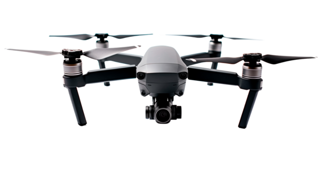 A flying modern drone with camera isolated on PNG transparent or white background.

