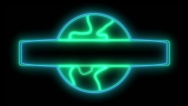 big earth icon glowing on black background. Soft blue and green neons bright and slow flickering. Title into animation with clear space for text