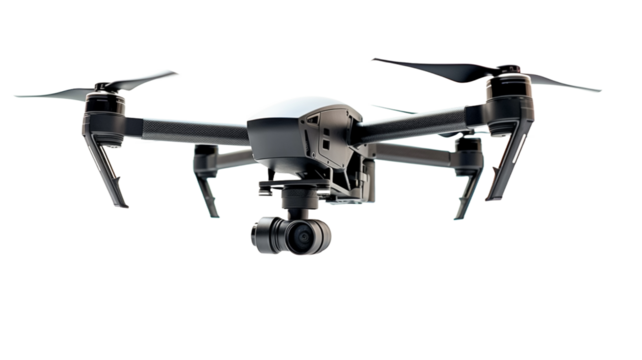 New dark flying modern grey drone quadcopter with digital camera isolated on PNG transparent or white background.
