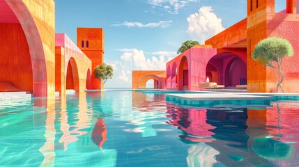 Fototapeta na wymiar Striking 3D rendering of vividly colored fantastic architecture with reflections in water