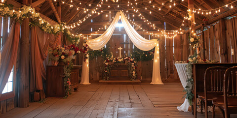 Rustic Wedding Venue Decorated with Floral Arrangements and String Lights