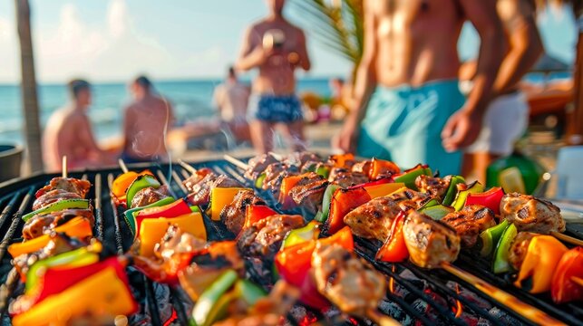 Vibrant image of friends enjoying a beach BBQ with skewers of grilled vegetables and meat