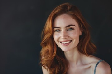 Natural beauty of woman with smooth hair healthy skin and a radiant smile styled with glamorous makeup against a dark background