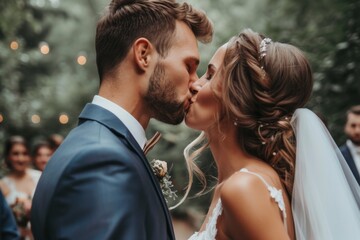 Newly married couple kissing from the side