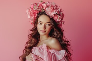 Naklejka premium Photo of a lovely pregnant woman expressing emotions isolated on a pink background