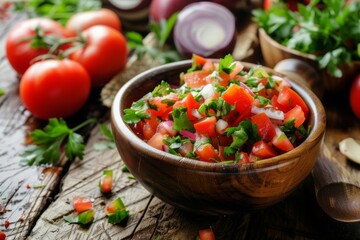 Pico de Gallo a Mexican appetizer served in a bowl with ingredients spread on table Homemade salsa sauce excellent dip for nachos Selective focus
