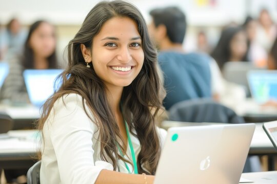 Picture of an attractive smart Indian Asian student in a university classroom smiling while using a laptop