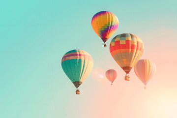 Obraz premium colorful hot air balloons floating in a clear sky, on a dreamy pastel background, conveying freedom and adventure, with room for text 