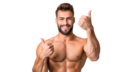 Portrait of young laughing handsome muscular athlete bodybuilder man making thumbs up gesture isolated on PNG transparent or white background.
