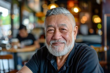 Obraz premium Portrait of content older man with white beard smiling at camera Relaxed lifestyle of retired Hispanic or Asian adult male in trendy coffee shop
