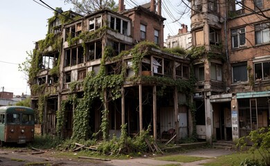 Abandoned town, vines everywhere. Destroyed buildings lots of bushes