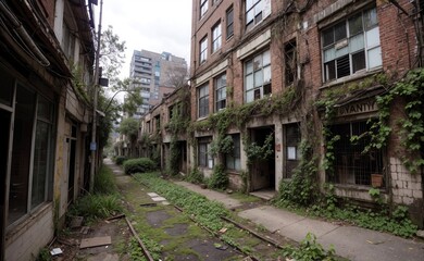 Abandoned town, vines everywhere. Destroyed buildings lots of bushes