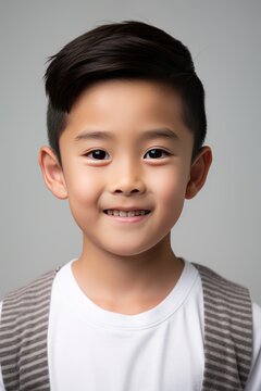 Happy Asian boy smiles at the camera against a white background