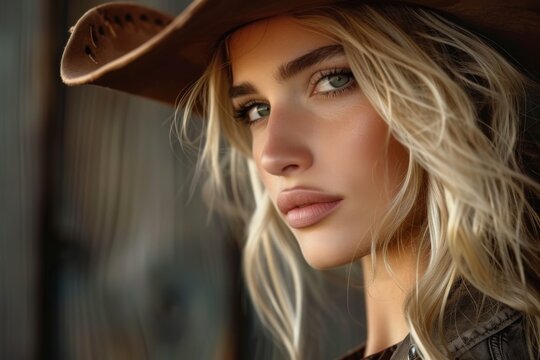 The attractive blonde woman in a cowboy hat with gorgeous hair in a picture