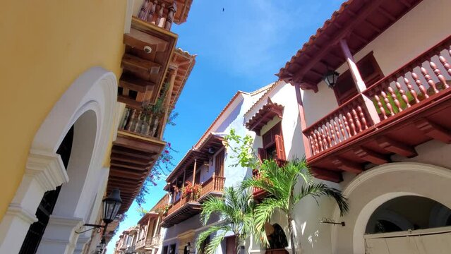 Colombia. Colonial Cartagena Walled City and colorful houses in historic center.