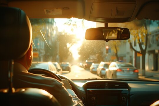 Unidentified man driving modern car possibly a taxi or uber image taken from back seat on sunny day