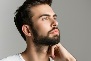 Fototapeta premium Young handsome man with perfect smooth skin touching his beard in a serious manner photographed against a grey background