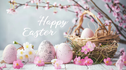 Fototapeta na wymiar Happy Easter background with eggs in the basket, spring flowers and copy space. Greeting card