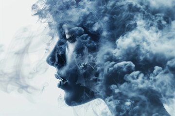 Double exposure abstract background of woman face and smokes. Mental health, depression, stress, overwork, anxiety issues concept - obrazy, fototapety, plakaty