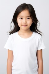 Portrait of a cute little Asian girl smiling for the camera in a white t shirt on a white background