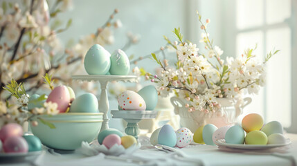 Easter decoration, decorated eggs and candles, soft pastel style - 752575472