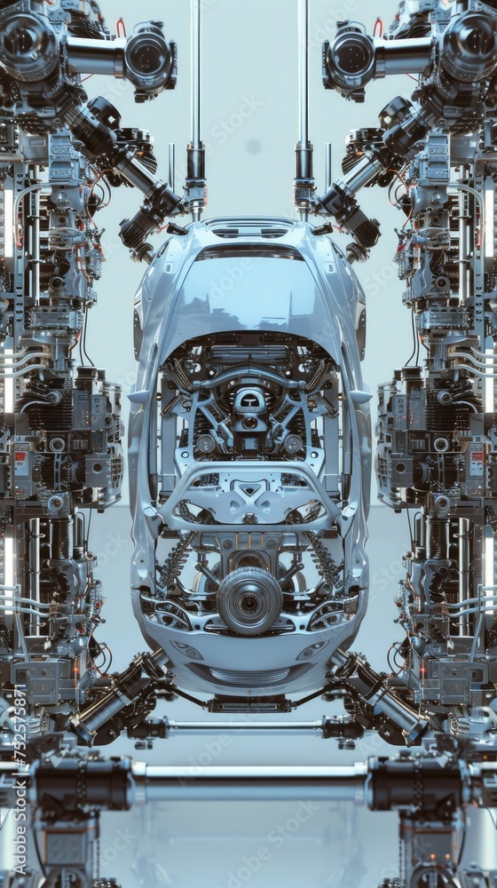Aufkleber high-tech robotic assembly line constructing a car chassis in a futuristic factory
