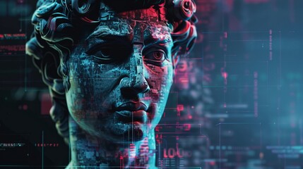 3d portrait of a David with glitch effect. Cyberpunk style. Conceptual image of artificial intelligence. Virtual reality. Deep Learning and Face recognition systems - obrazy, fototapety, plakaty