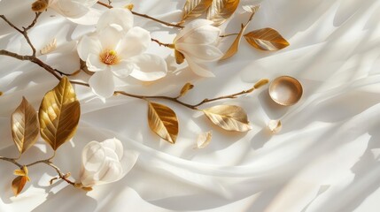 A branch with beautiful white magnolia flowers lies on a white tablecloth next to gold leaves and...