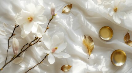 A branch with beautiful white magnolia flowers lies on a white tablecloth next to gold leaves and...
