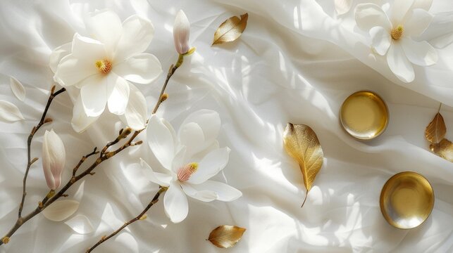 A branch with beautiful white magnolia flowers lies on a white tablecloth next to gold leaves and dishes. Nature background. Springtime