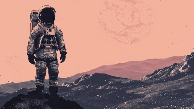 A drawing of an astronaut taking steps on another planet. An explorer of new worlds. Concept of space exploration. Unreal landscape with astronaut walking forward
