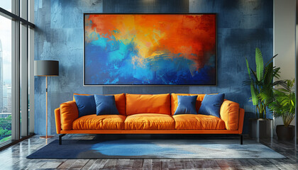 Blue wall living room interior with yellow sofa large window table and painting