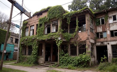 Abandoned town, vines everywhere. Destroyed buildings lots of bushes