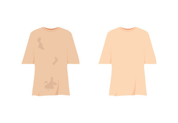 Dirty and clean garment. Untidy t-shirt with stains and cleanly washed tshirt. Clothes before and after dry cleaning. Fresh cotton clothes. Flat vector illustration isolated on white background.