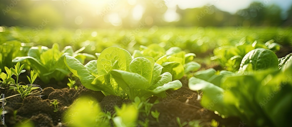 Sticker a vast field of lettuce under the bright sunlight, with the sun shining in the background, creating 