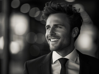 Close-up of the face of a successful smiling businessman in a black and white photo.