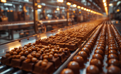 Chocolate candies on conveyor belt in confectionery factory