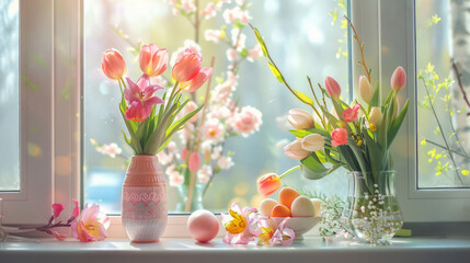 Easter scene in a kitchen with decorations, eggs, flowers in vases, light pastel holiday background - 752576897