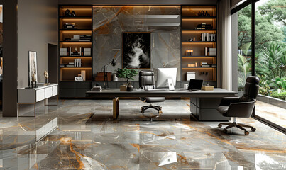 Luxury office interior design with marble floor large windows and stylish computer desk with shelves and comfortable office chairs