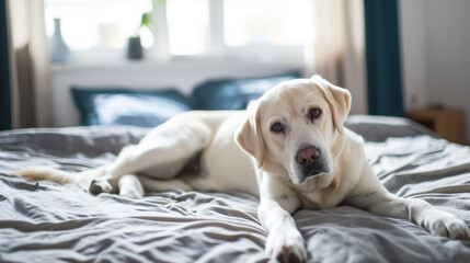 Cachorro labrador fofo deitado na cama de  um hotel  - Papel de parede - obrazy, fototapety, plakaty