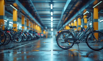 Bicycles parked in bike parking lot in the rain