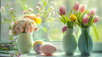 Easter scene in a kitchen with decorations, eggs, flowers in vases, light pastel holiday background - 752577206